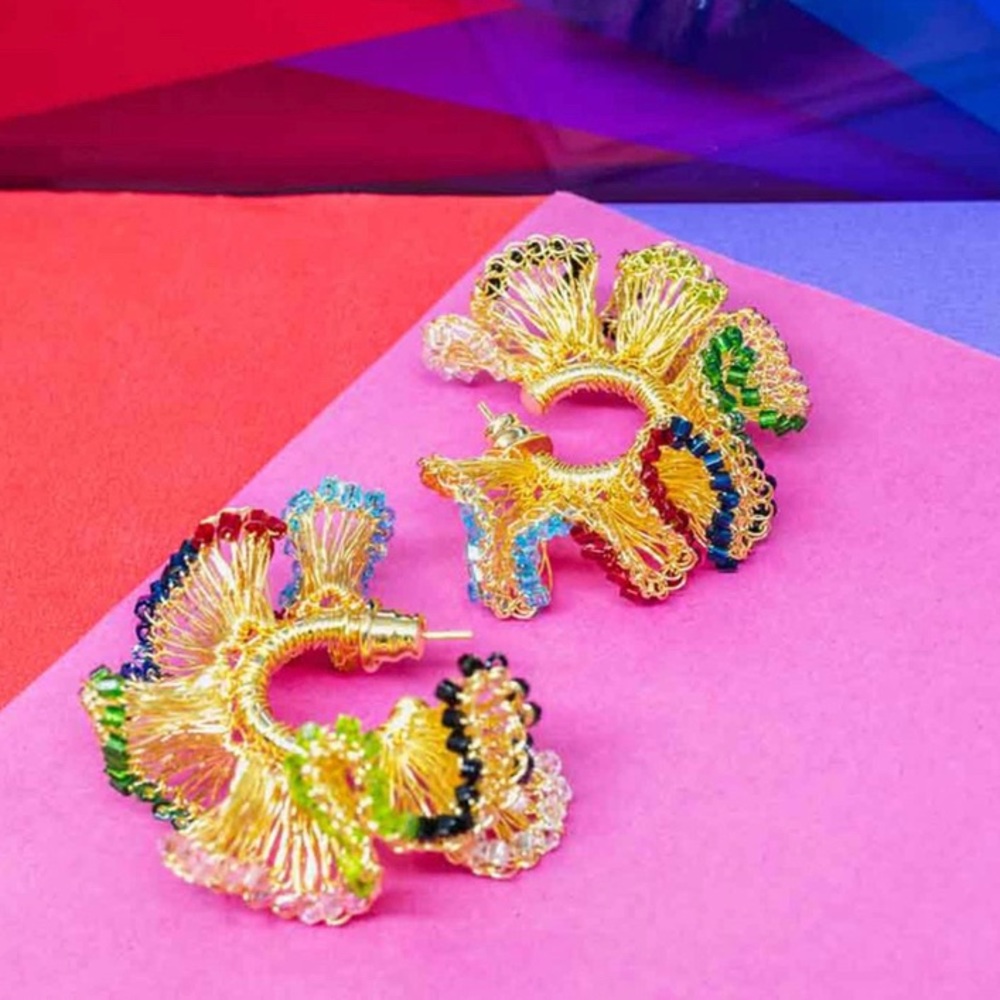 Multicolored Hand Crochet Gold Wire Ruffled Hoops